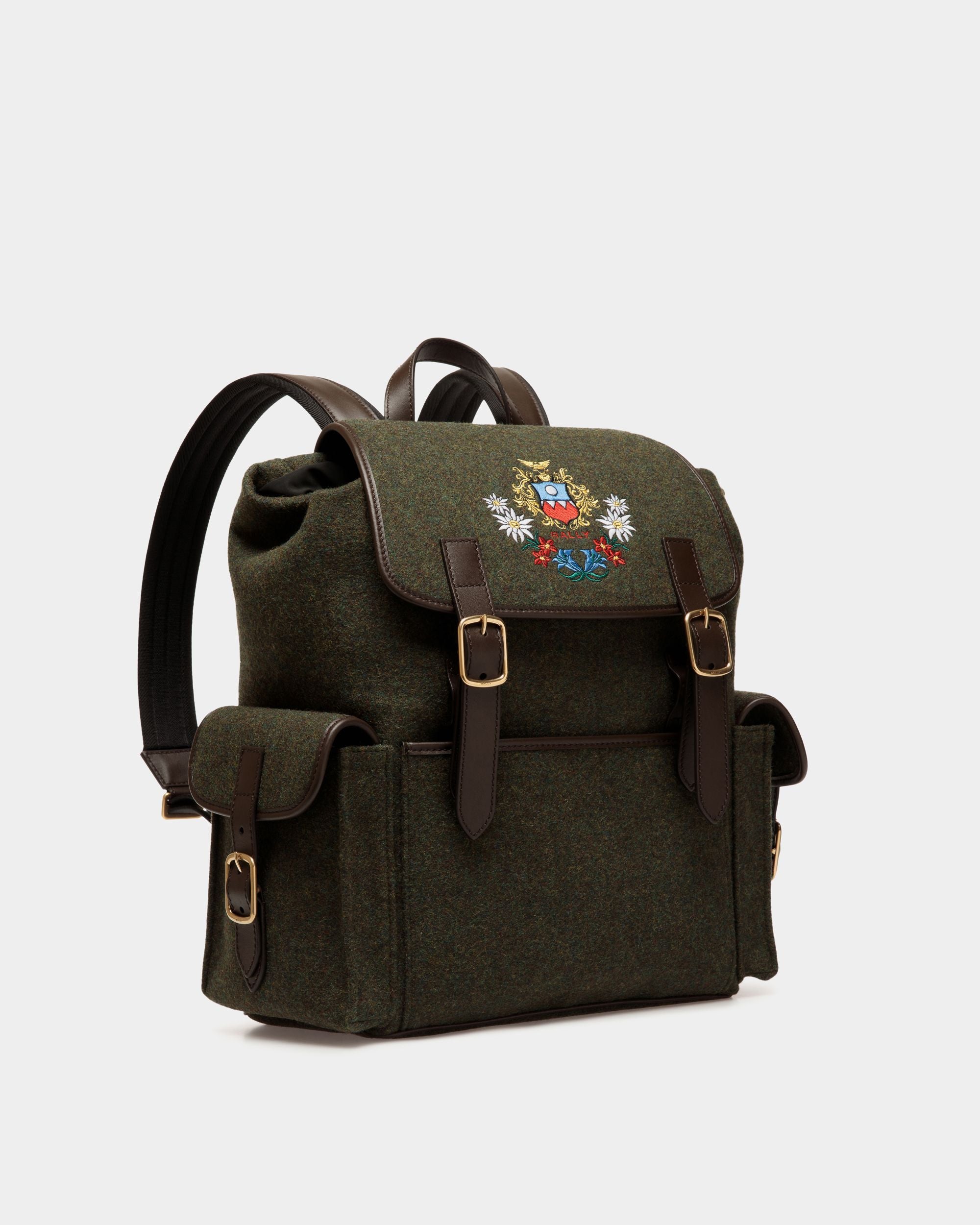 Winter Capsule Backpack in Dark Green Wool and Ebano Leather With Alpine Flowers - Men's - Bally - 03