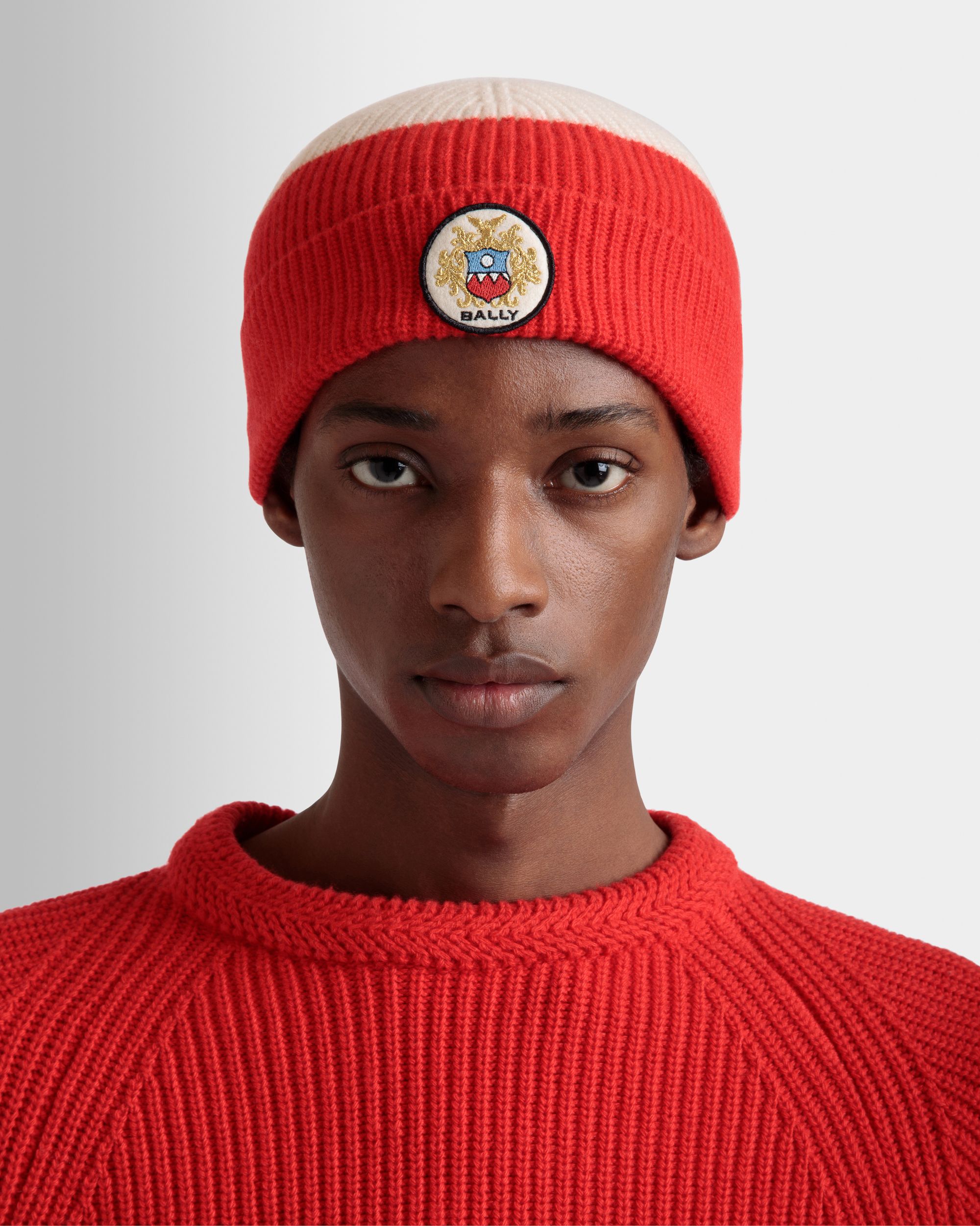 Beanie With a Bally Crest Logo in Candy Red and Ivory Wool - Men's - Bally - 02