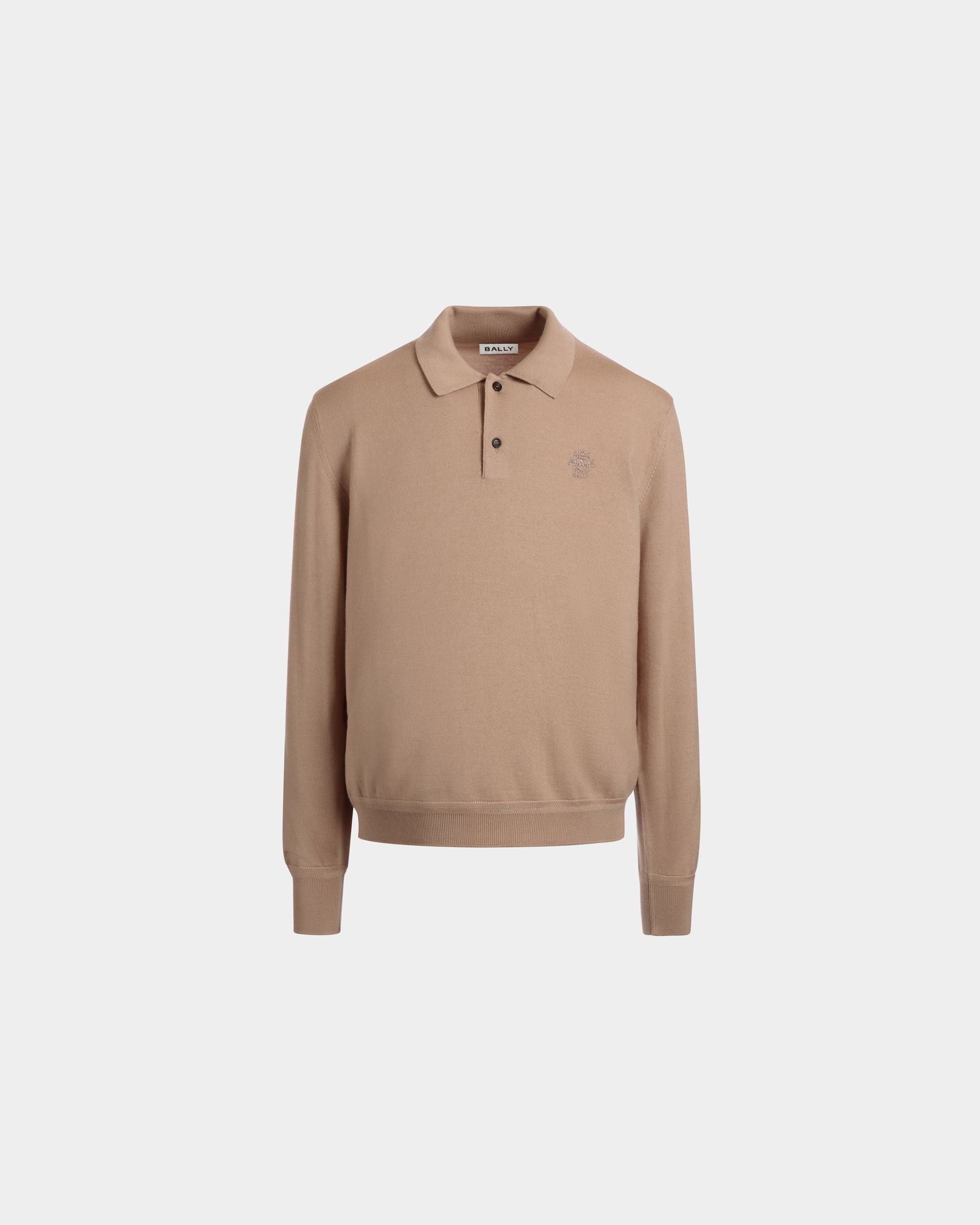 Long Sleeve Polo Shirt With a Bally Crest in Camel Wool-Cashmere - Hombre - Bally - 01