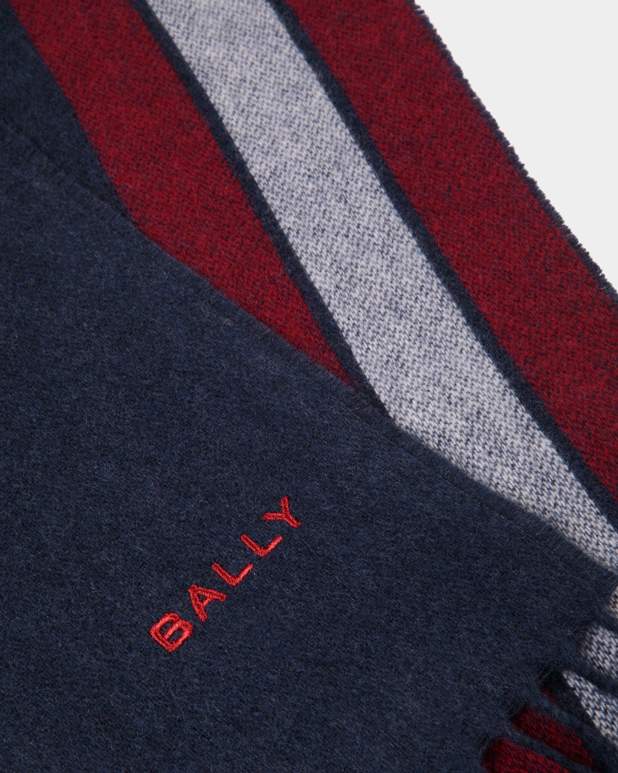 Scarf With Bally Ribbon in a Navy Blue Cashmere Blend - Men's - Bally - 03