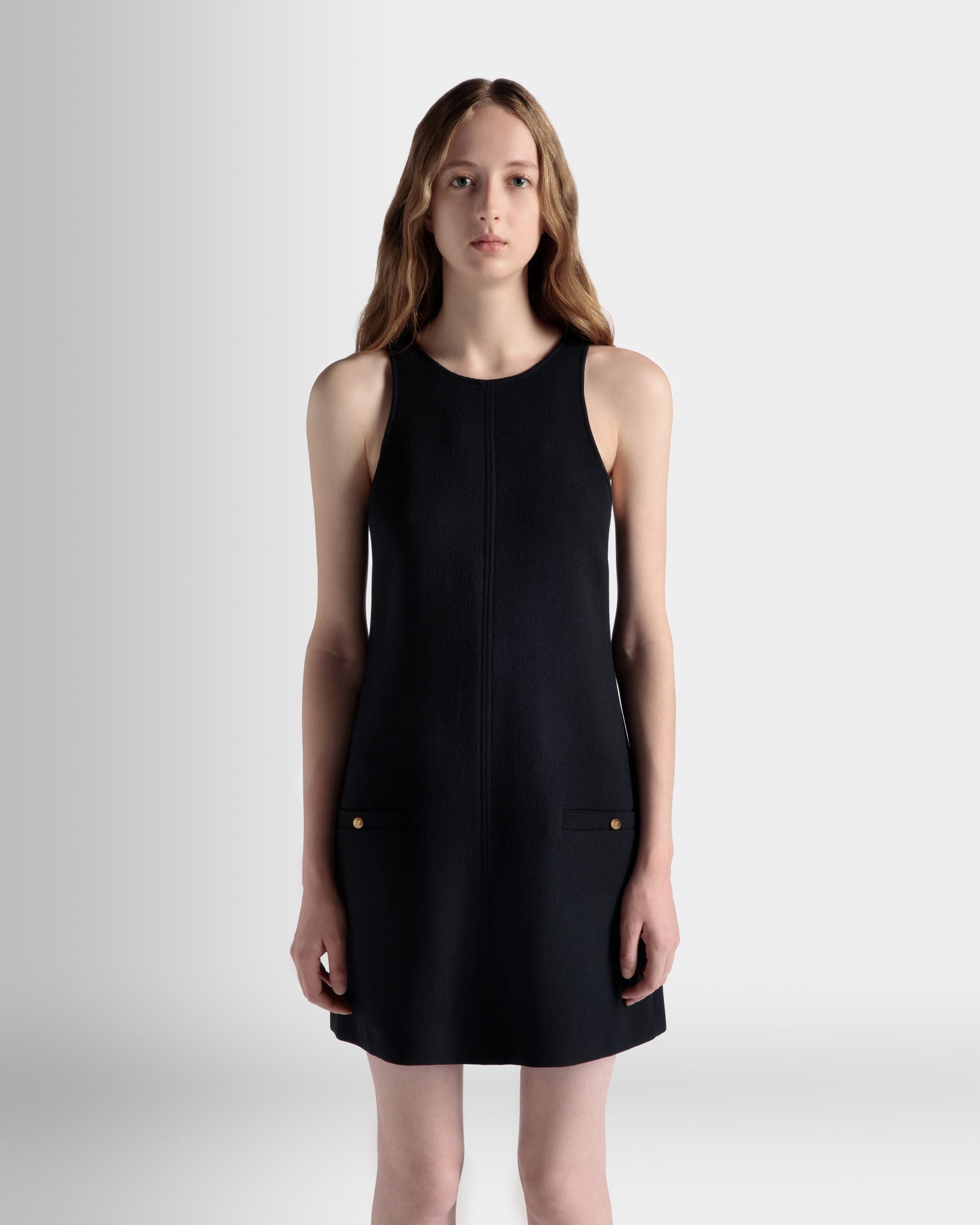 A-Line Mini Dress In Navy Blue Wool - Women's - Bally - 03