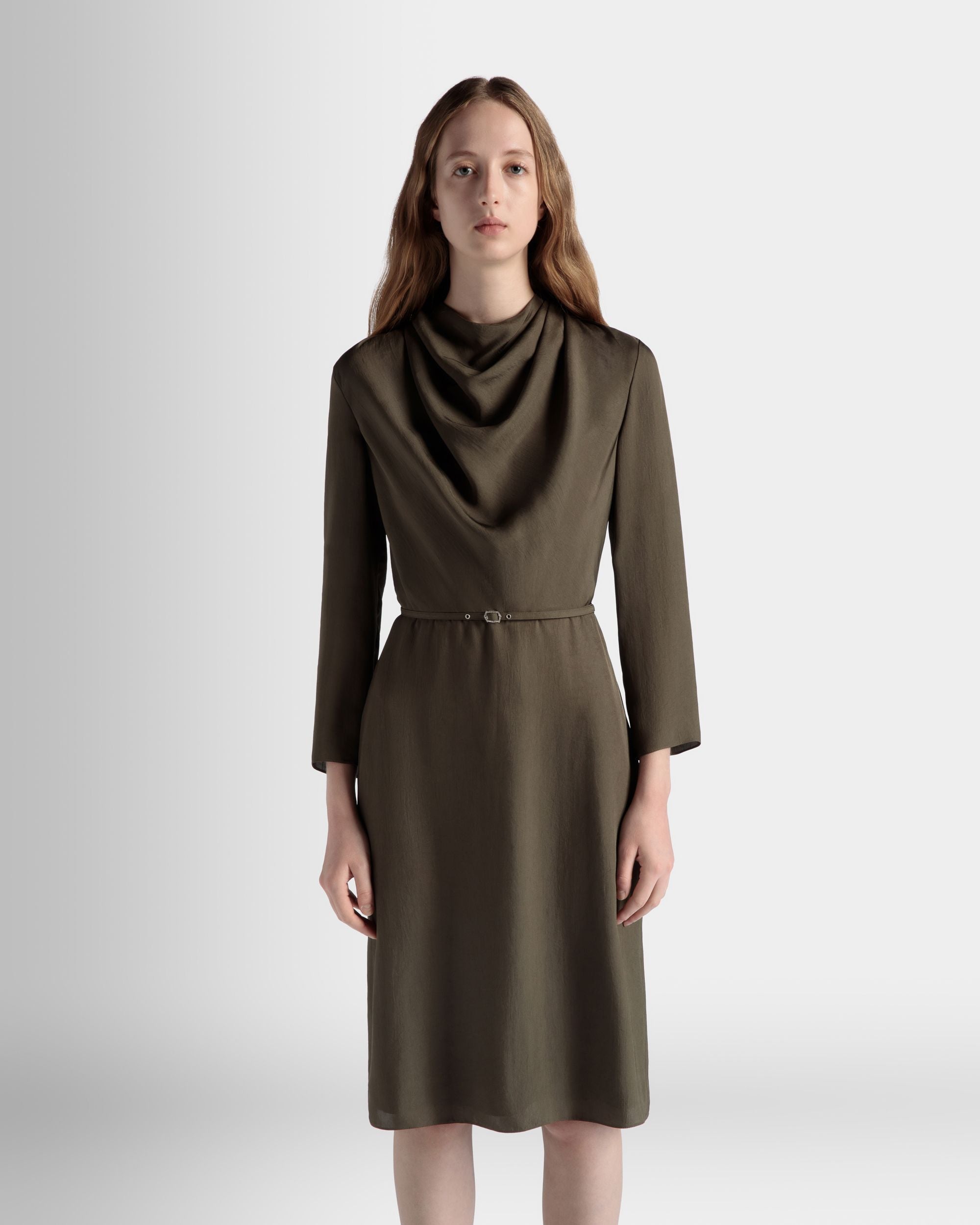 Belted Midi Dress In Military Green Fluid Twill - Women's - Bally - 03