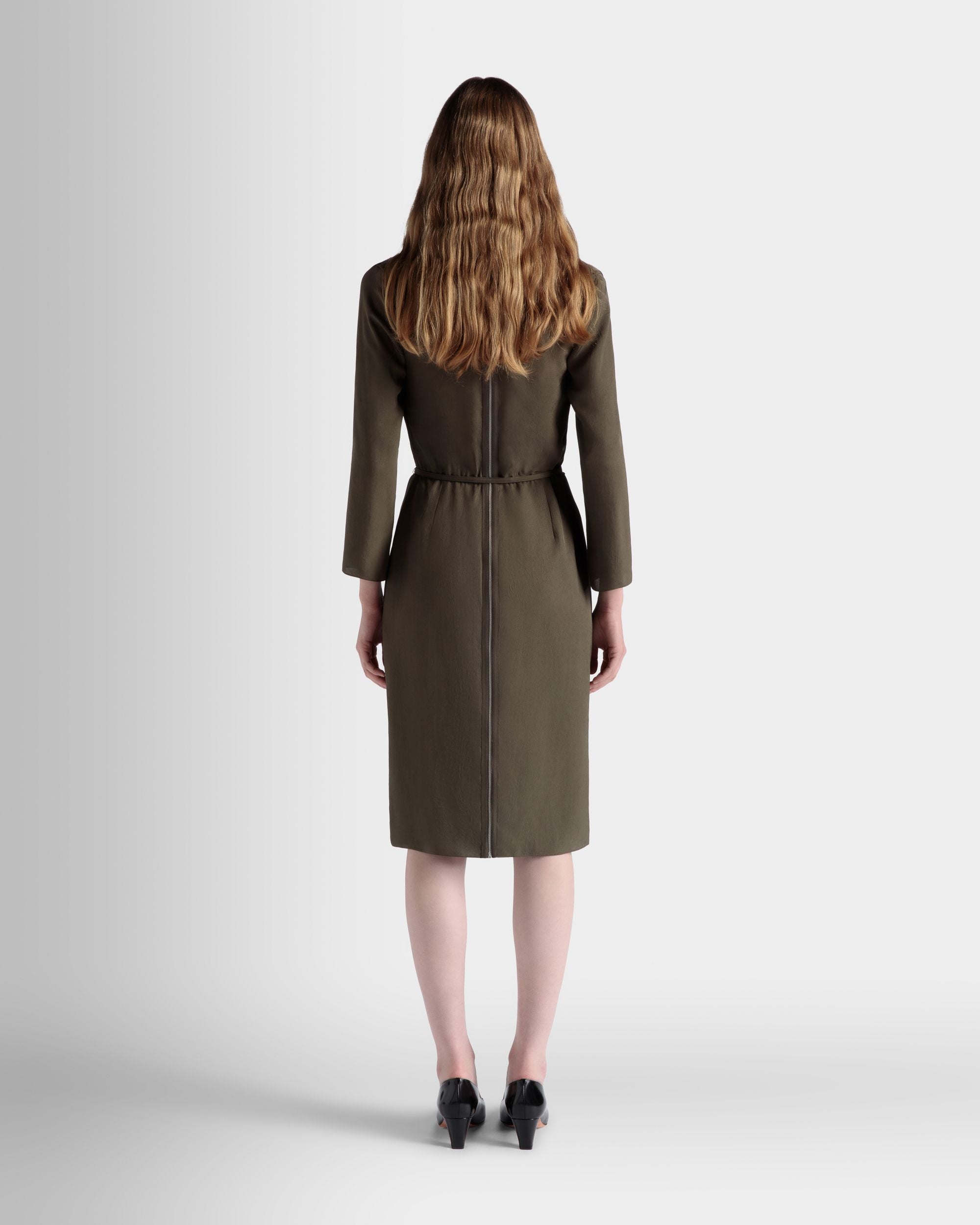 Belted Midi Dress In Military Green Fluid Twill - Women's - Bally - 07