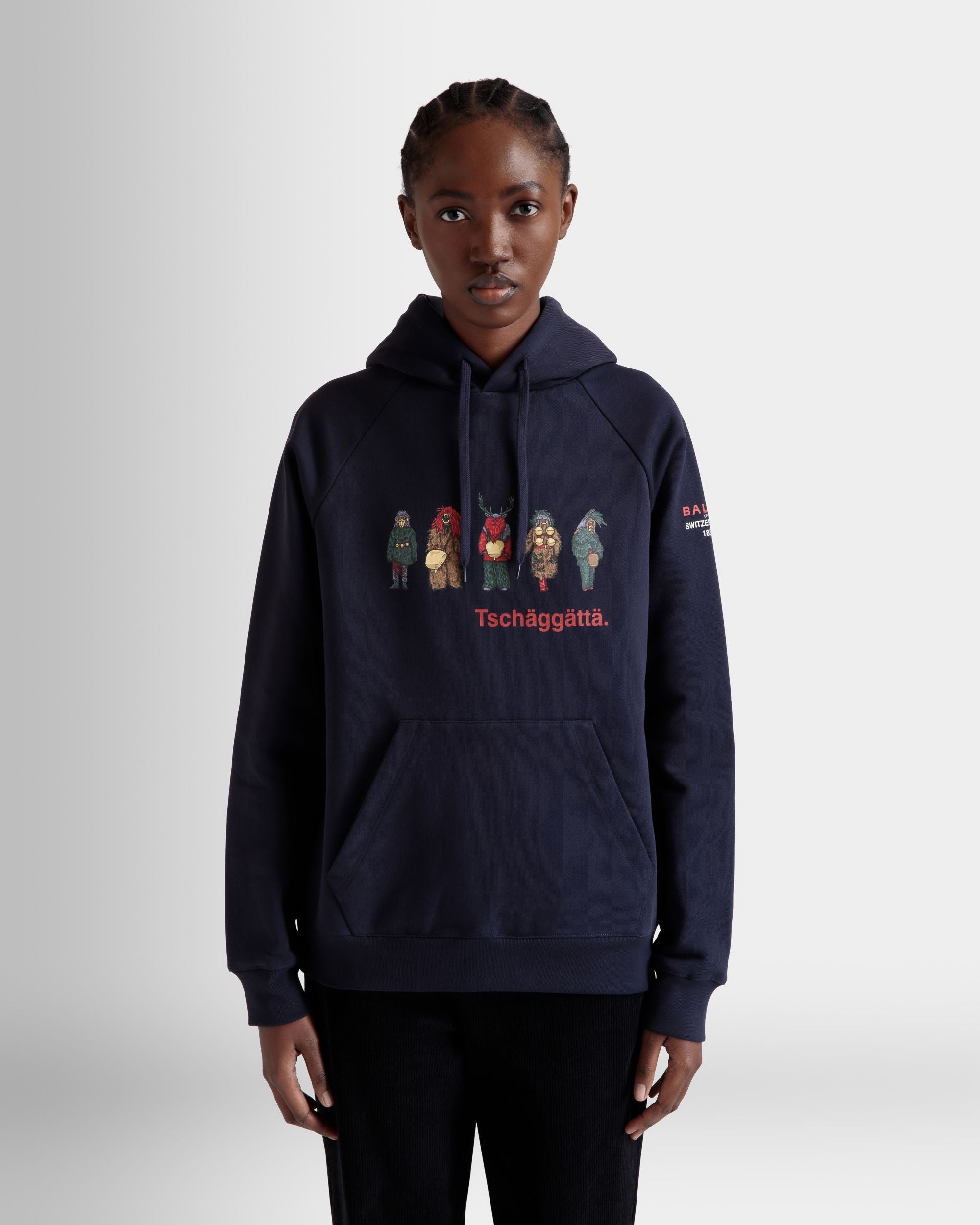 Hoodie with Forest Mask Print In Navy Blue Cotton - Women's - Bally - 03