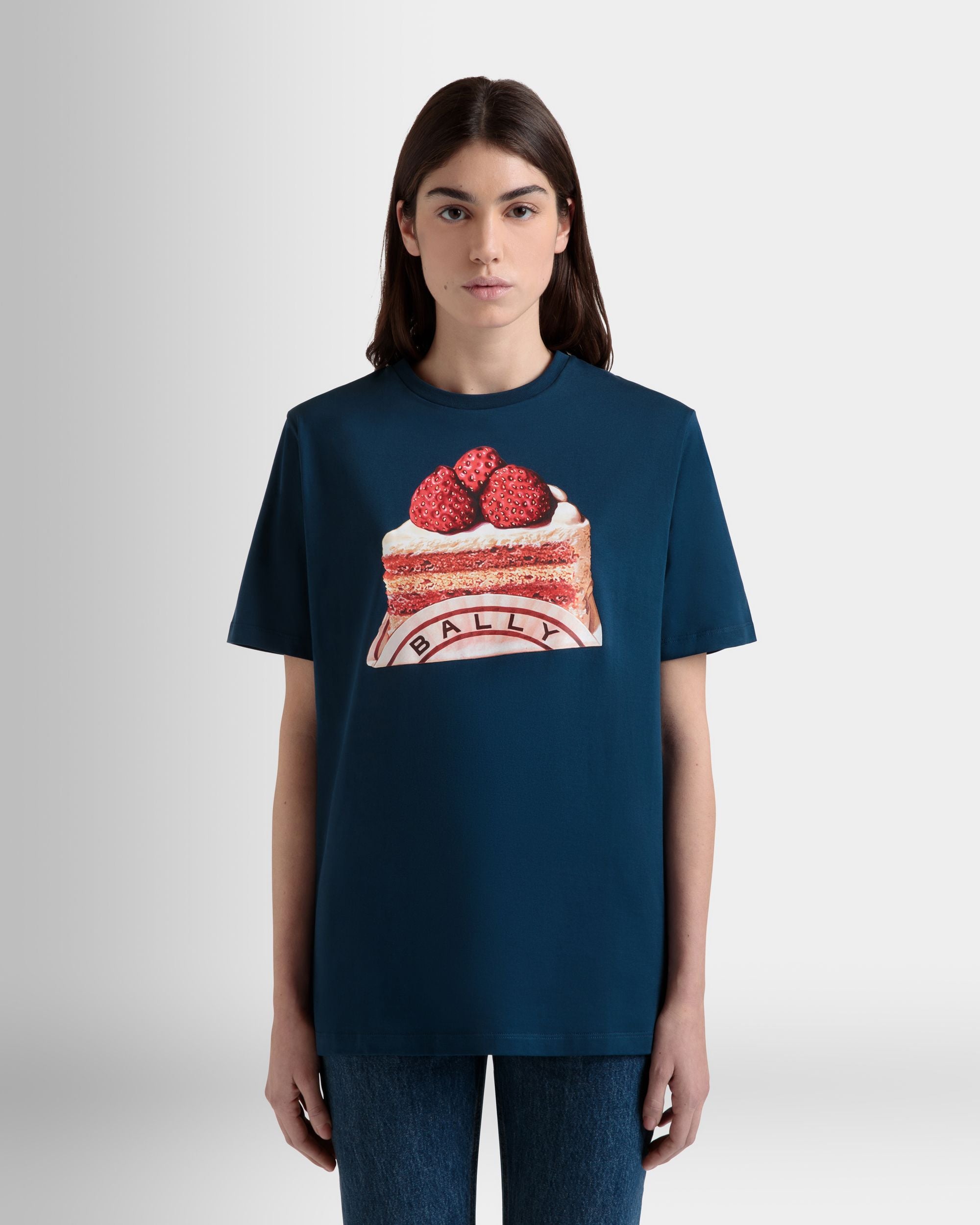 T-Shirt in Navy Blue Cotton With a Bally Cake Print - Women's - Bally - 08