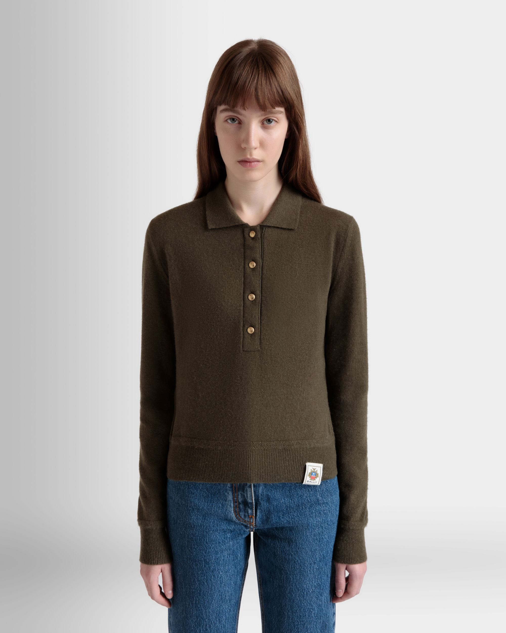 Knit Polo In Military Green Cashmere - Women's - Bally - 03