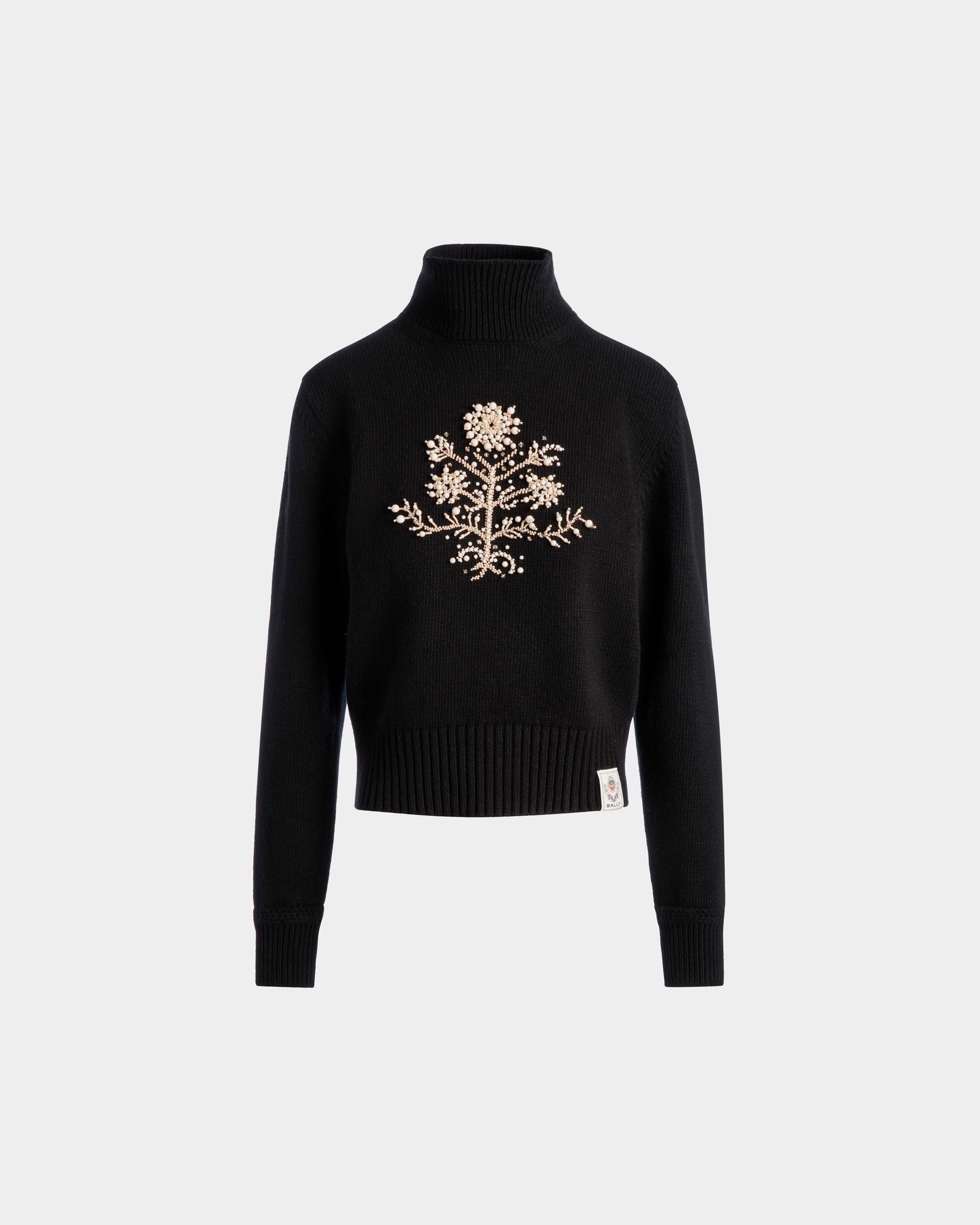 Winter Capsule Turtleneck Sweater with a Heritage Flower in Black Wool - Women's - Bally - 01