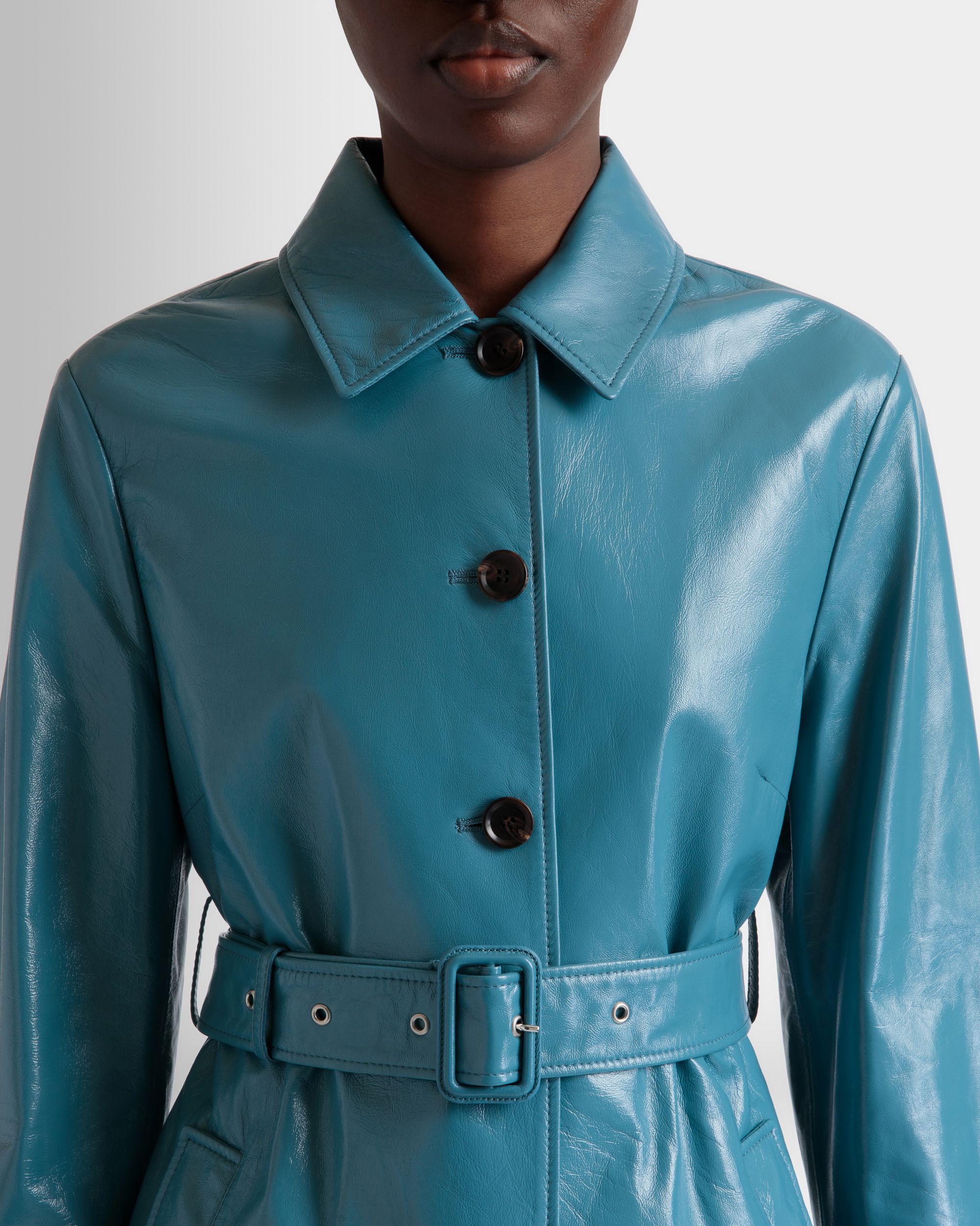 Belted Coat in Medium Blue Leather - Women's - Bally - 03