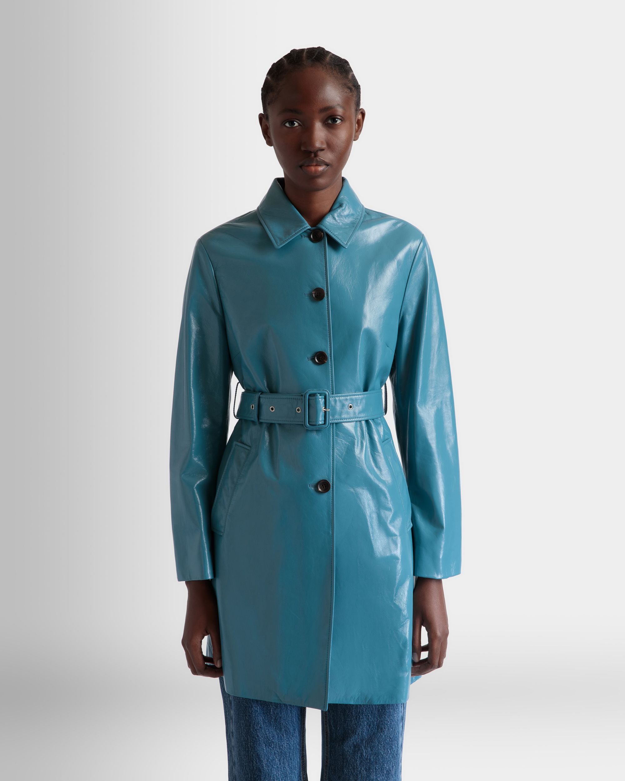 Belted Coat in Medium Blue Leather - Women's - Bally - 08