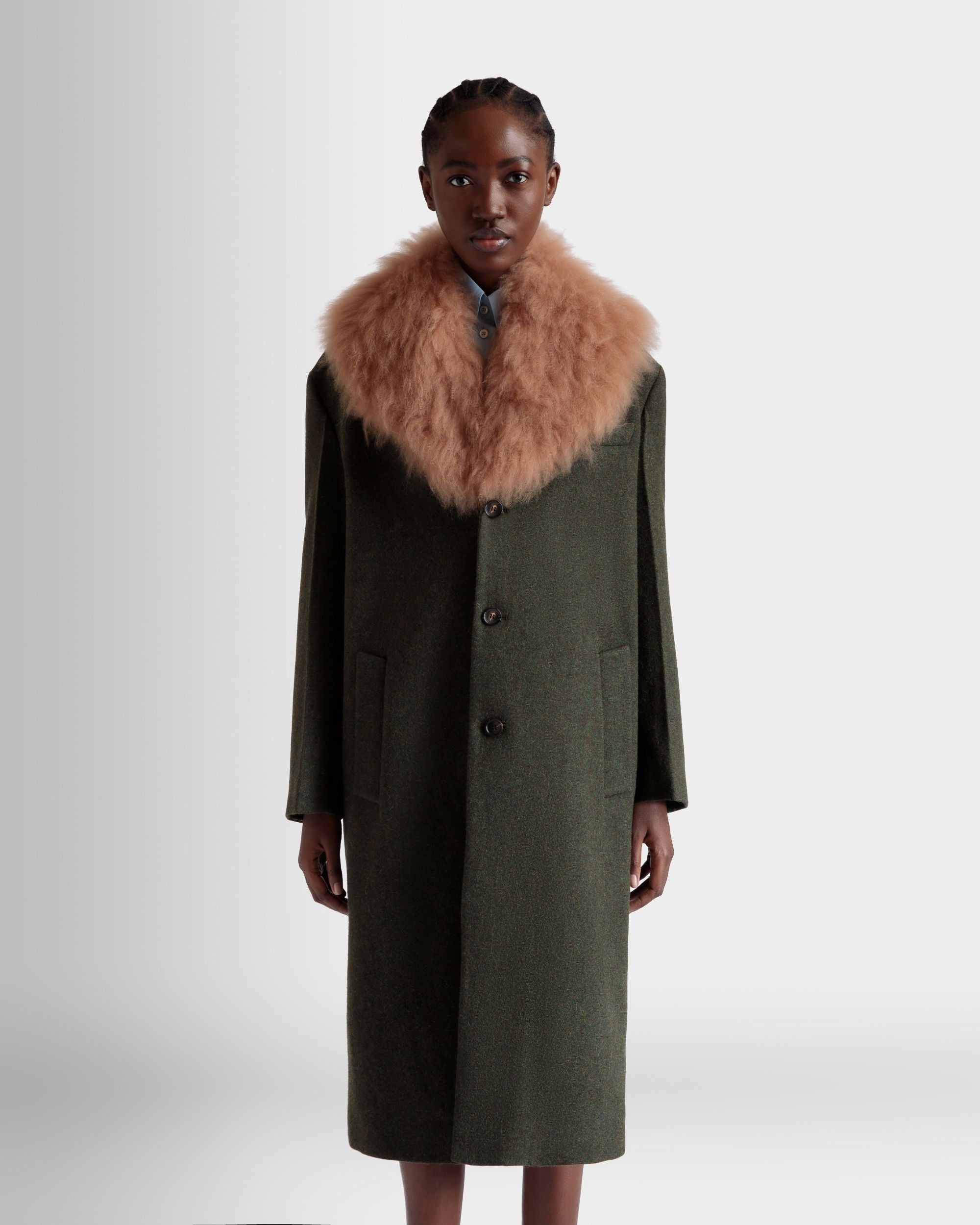 Single-Breasted Coat In Dark Green Wool - Mujer - Bally - 03