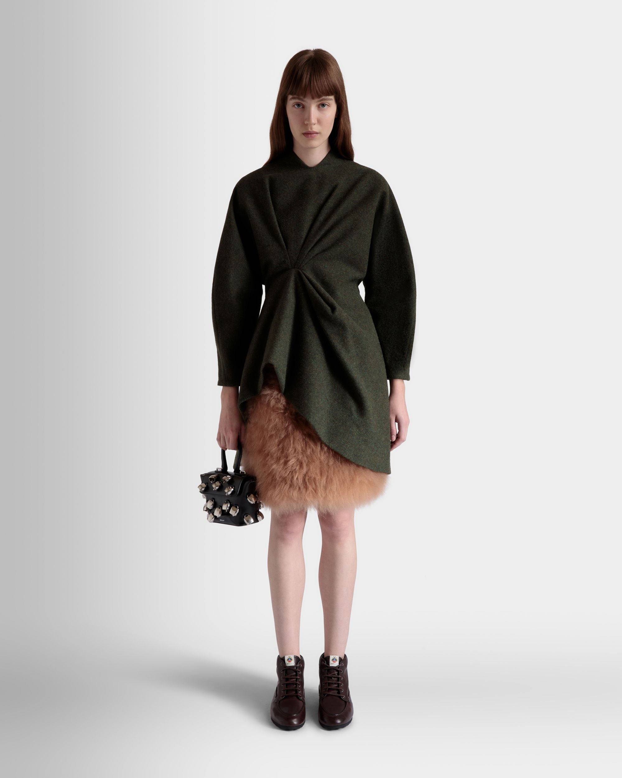 Mini Skirt In Dark Green And Praline Beige Wool and Shearling - Women's - Bally - 02